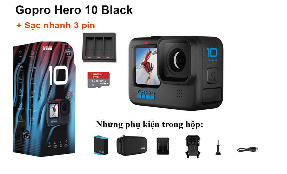 Chính hãng GoPro Hero 10 Black, tặng thẻ nhớ 32GB, đầu đọc thẻ, gói phụ kiện, tặng 2 pin, dock sạc nhanh cho 3 pin, case chống nước...