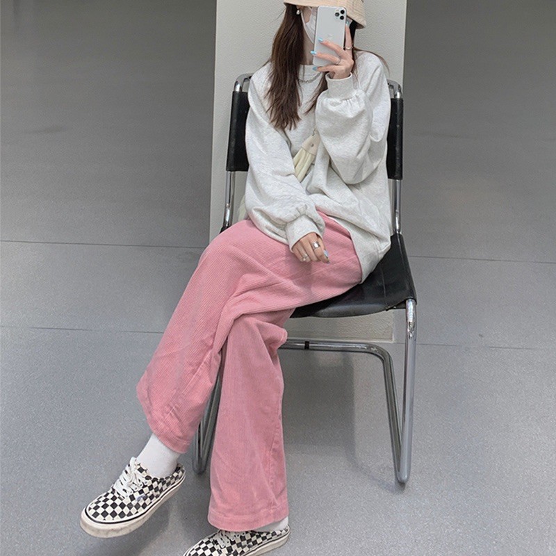 Quần nỉ Nhung tăm Ống Rộnglottes Ulzzang nữ - quần ống suông lưng cao phong cách hàn quốc chất nhung chất siêu ấm