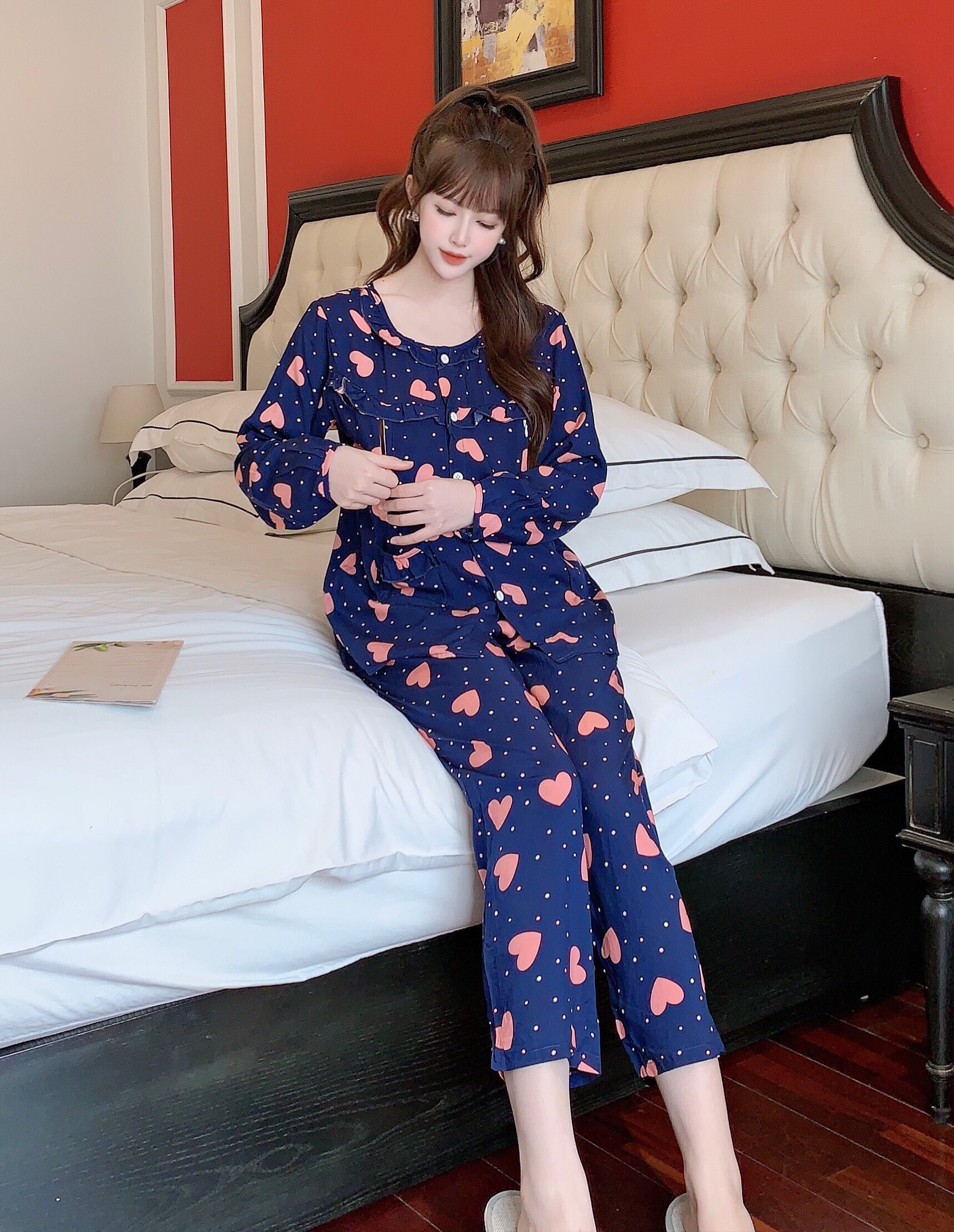 [Size đại] Bộ sau sinh dài vải lanh lụa (có chun rút chỉnh bụng và khoá cho bé bú) - size XXL(60-75kg)