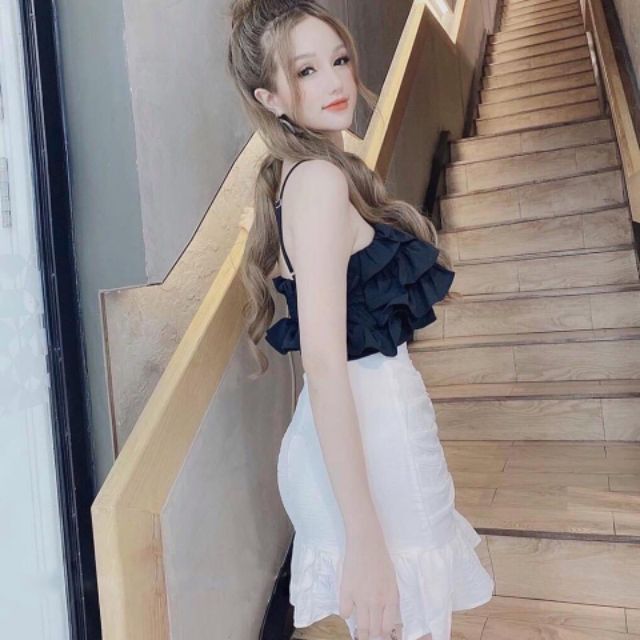 [Ảnh thật] Áo croptop 2 dây voan bèo tầng