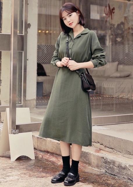Đầm Suông Xanh Rêu Cổ Sơ Mi ( dưới 60kg )