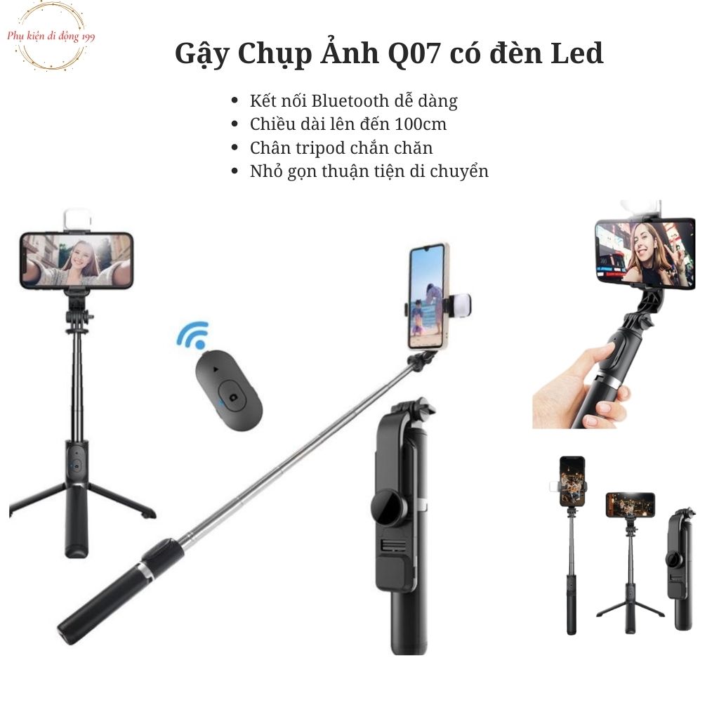 Gậy Chụp Ảnh, Gậy tự sướng Selfie Q07 có Led , Gậy Tripod 3 Chân tiện lợi kèm remote, Xoay 360 kết nối Bluetooth cực dễ dàng