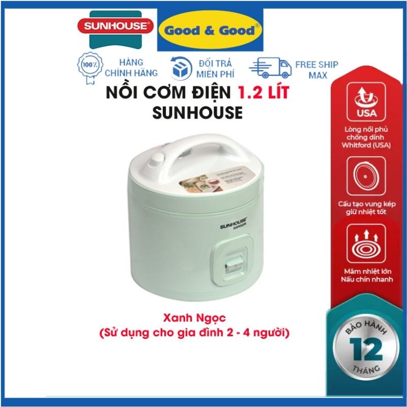 Nồi cơm điện 1.2L SUNHOUSE  lòng nồi 7 lớp thân nồi inox có chống dính siêu bền giữ nhiệt tốt