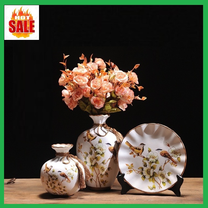 Bộ bình đĩa trang trí, 2 bình, 1 đĩa, chất liệu gốm cao cấp