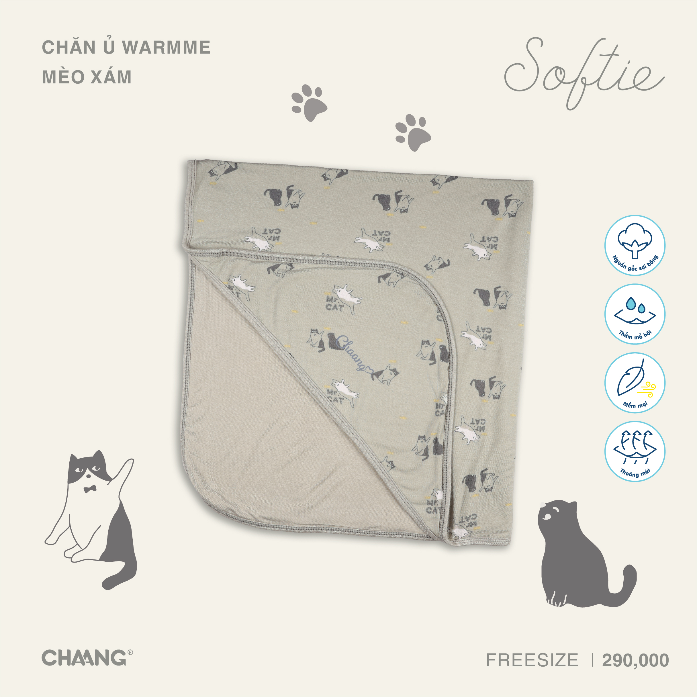[CHAANG] Chăn ủ Warmme 80x90cm Mèo Chaang