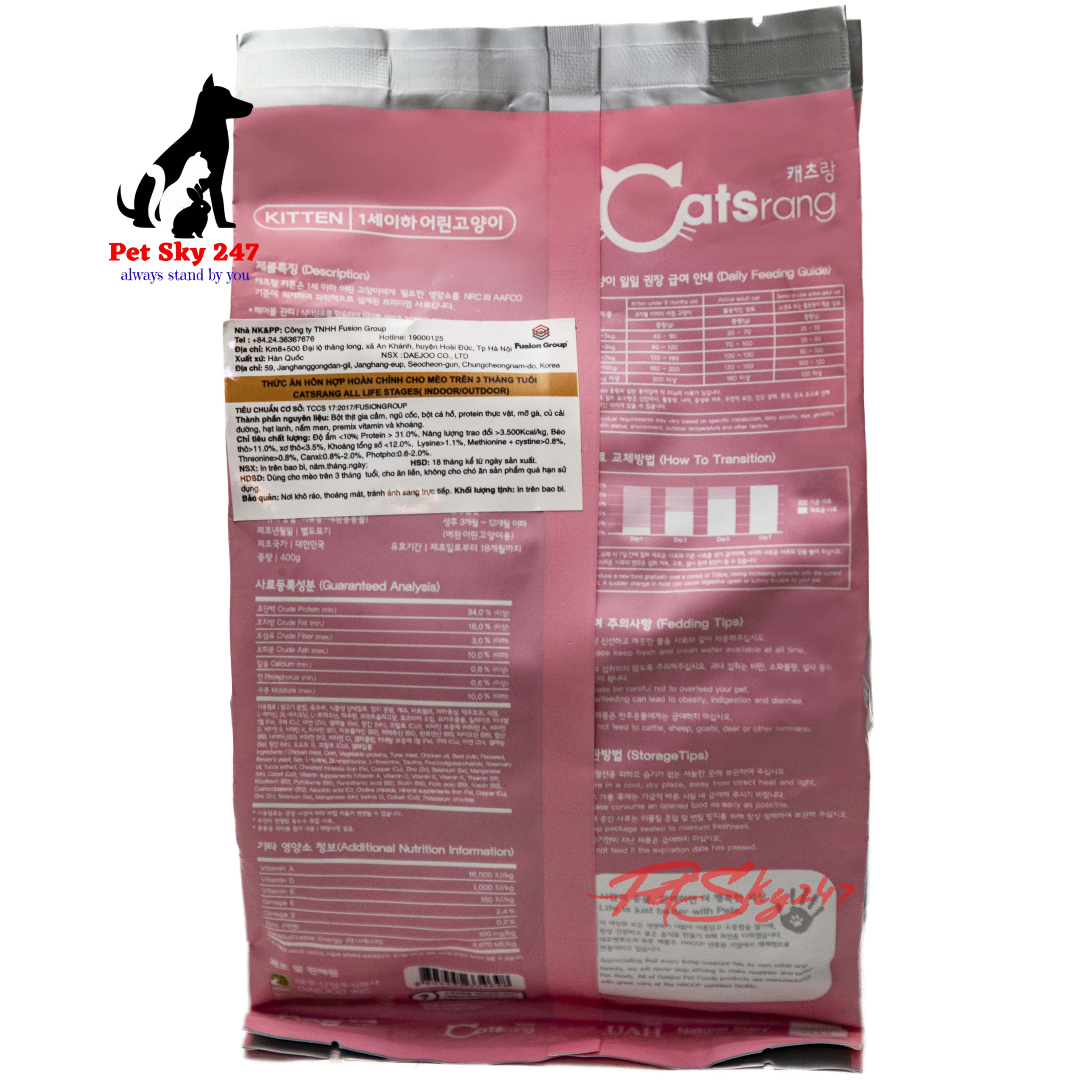 [HCM]Thức Ăn Hạt Cho Mèo Con Catsrang Kitten Gói 400Gram
