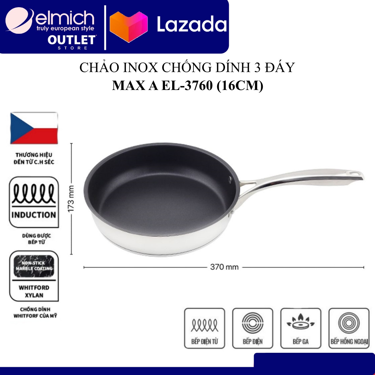 Chảo INOX chống dính 3 đáy MaxA (Size 16, 20, 24, 26cm)