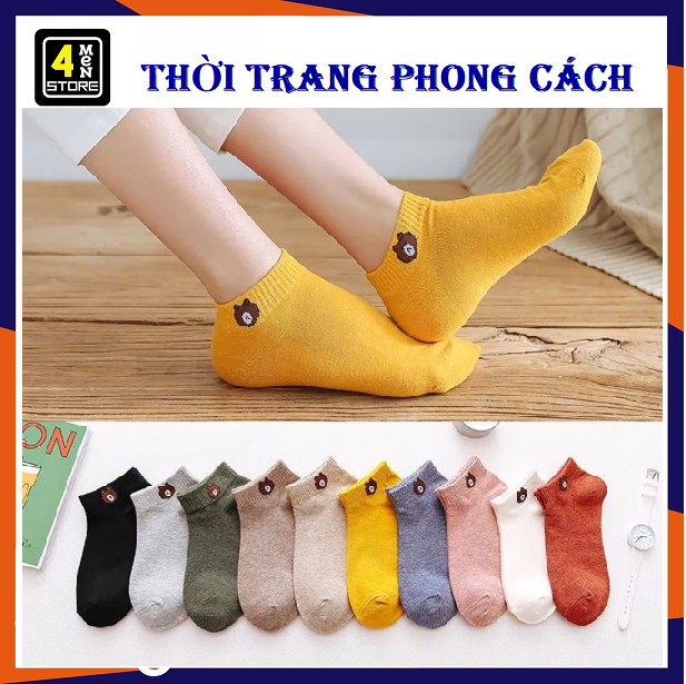 Set 10 đôi tất gấu - Combo 10 đôi Vớ nữ cổ ngắn hình gấu kute tặng kèm túi rút