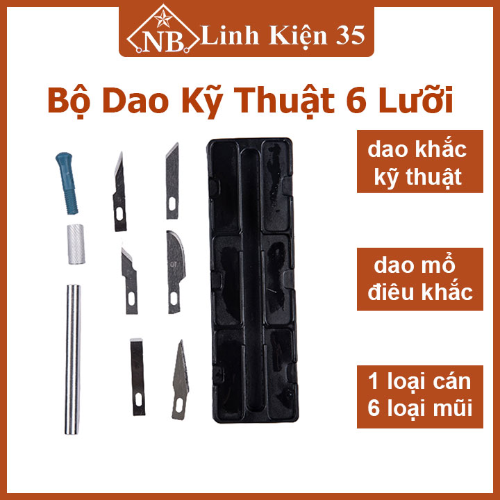 Bộ dao kỹ thuật 1 cán bạc + 6 lưỡi dao kỹ thuật, khắc trổ đa năng