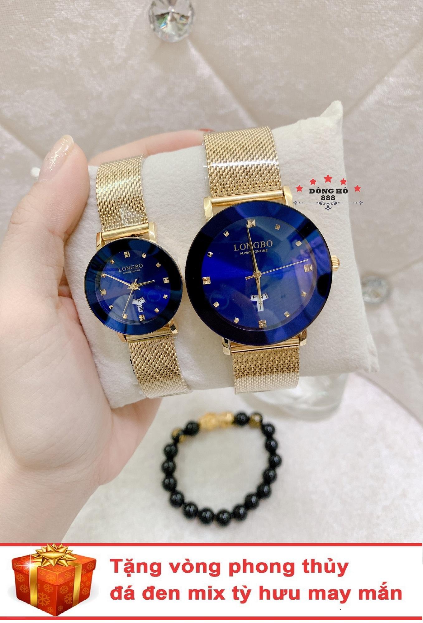 Cặp Đồng hồ đôi nam nữ Longbo dây thép thời thượng có lịch ( LB80449 dây vàng mặt xanh ) - TẶNG 1 vòng tỳ hưu phong thuỷ