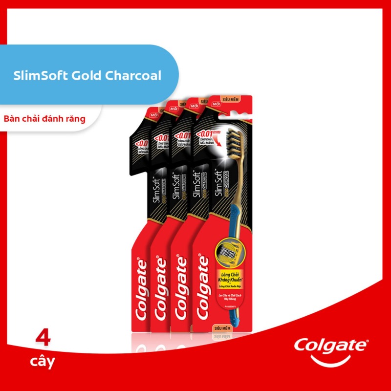 Bộ 4 bàn chải đánh răng Colgate than hoạt tính kháng vi khuẩn Slimsoft Gold Charcoal mềm mảnh