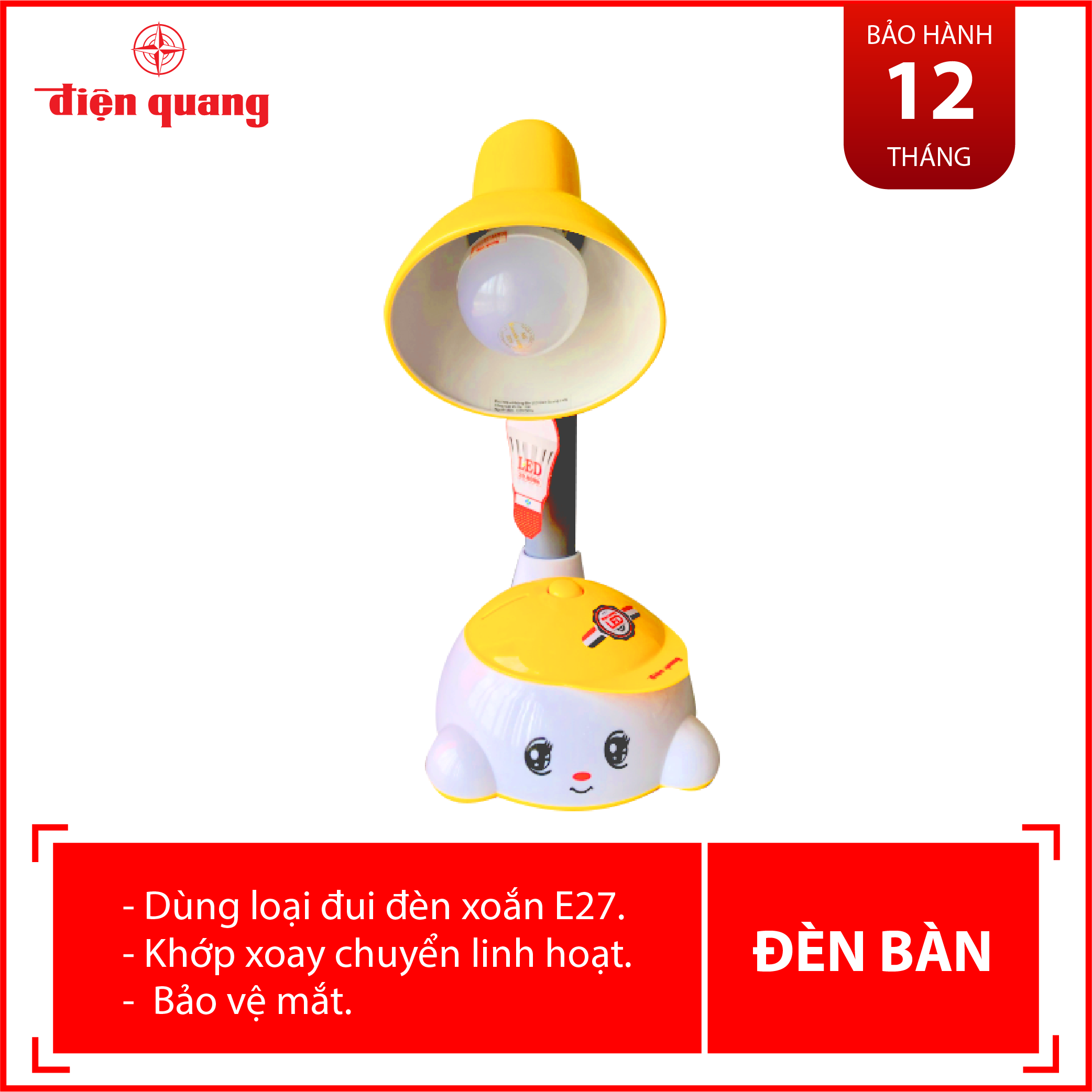 Đèn bàn Điện Quang ĐQ DKL04 B (kiểu trẻ em, vàng trắng, ánh sáng trắng, cắm điện trực tiếp)