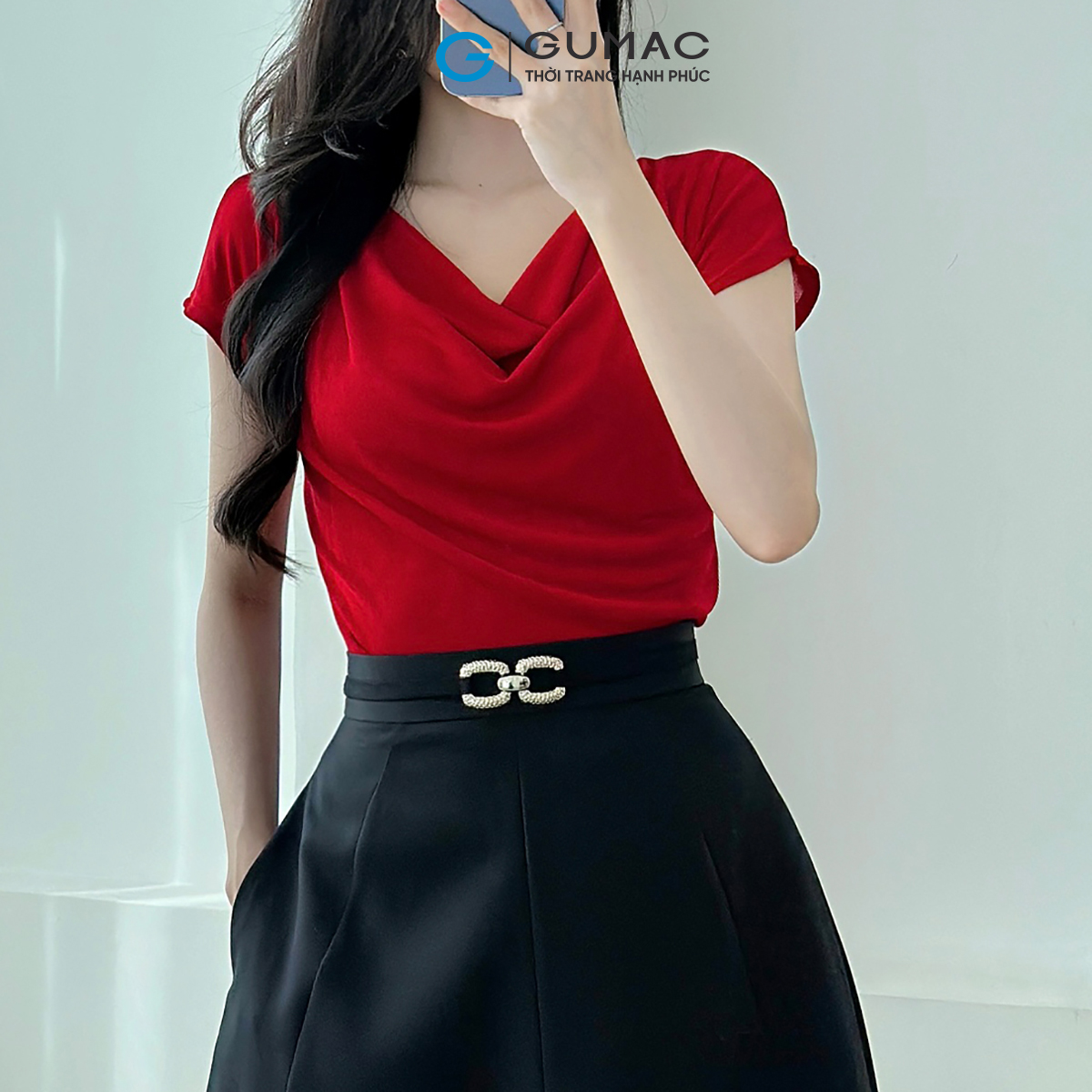 [MUA 2 CHỈ 199K/Áo] Áo Thun Cổ Đổ GUMAC Áo Thun Kiểu Sang Trọng Áo Đi Tiệc Vải Thun Ánh Nhung Co Giãn Tôn Dáng ATE01031
