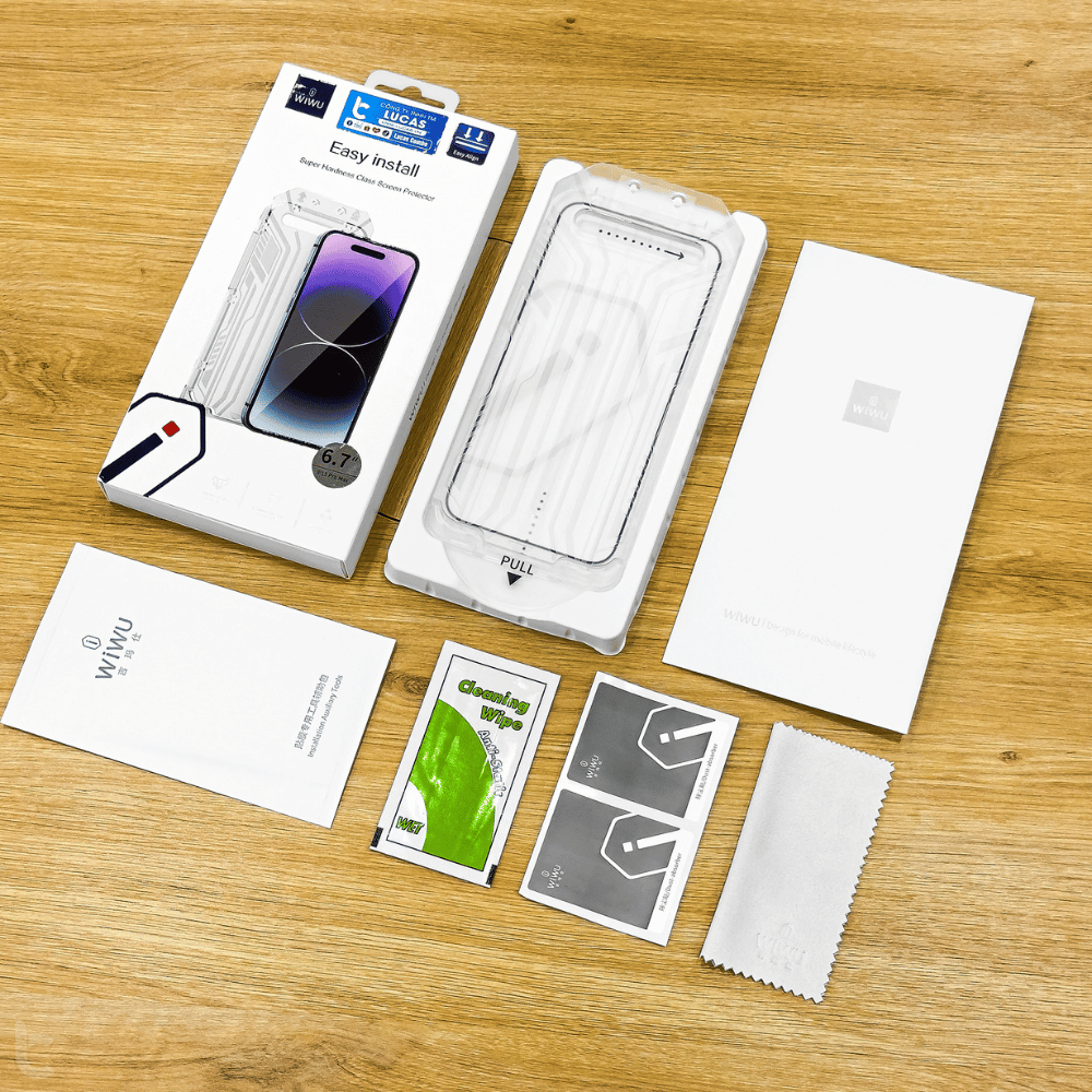Kính Cường Lực iPhone 14-IPhone 15 Series WIWU Easy Install Có Khung Tự Dán, Lấy Bụi, Lưới Bảo Vệ Màng Loa