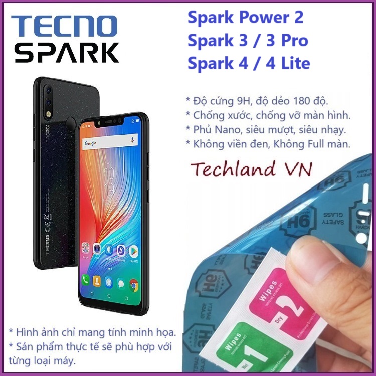 Cường Lực Phủ Nano Tecno Spark 2 / 3 / 4 / 3 Pro / 4 Lite / Power 2 - Trong Suốt, Không Full Màn, Không Viền Đen