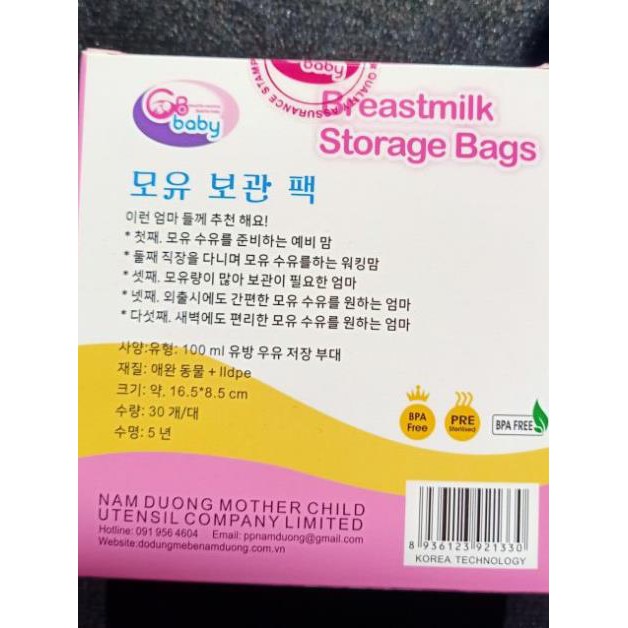 Túi trữ sữa Gb - baby 100ml (30 túi /hộp)