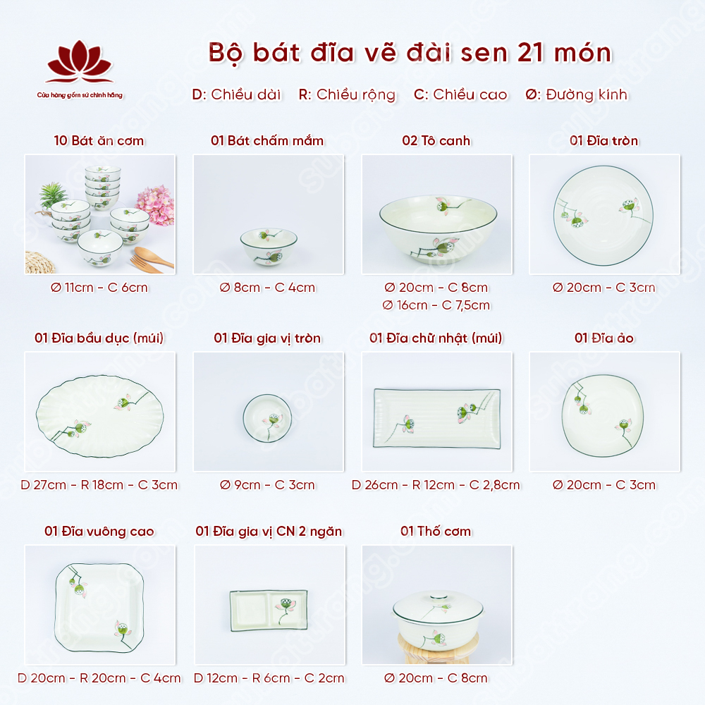 Bộ bát đĩa vẽ đài sen cao cấp Bát Tràng