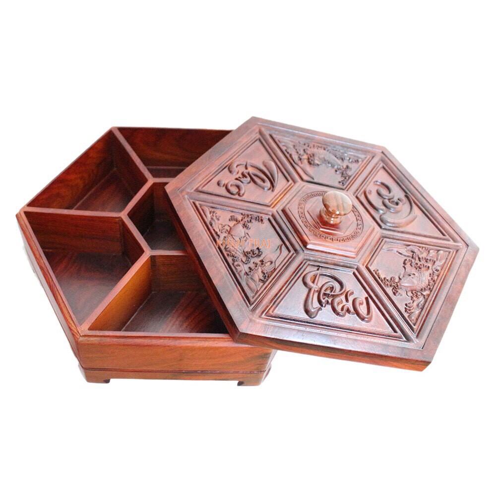 Khay đựng bánh mứt kẹo gỗ hương nam phi chuẩn - chạm khắc phúc lộc thọ loại lớn