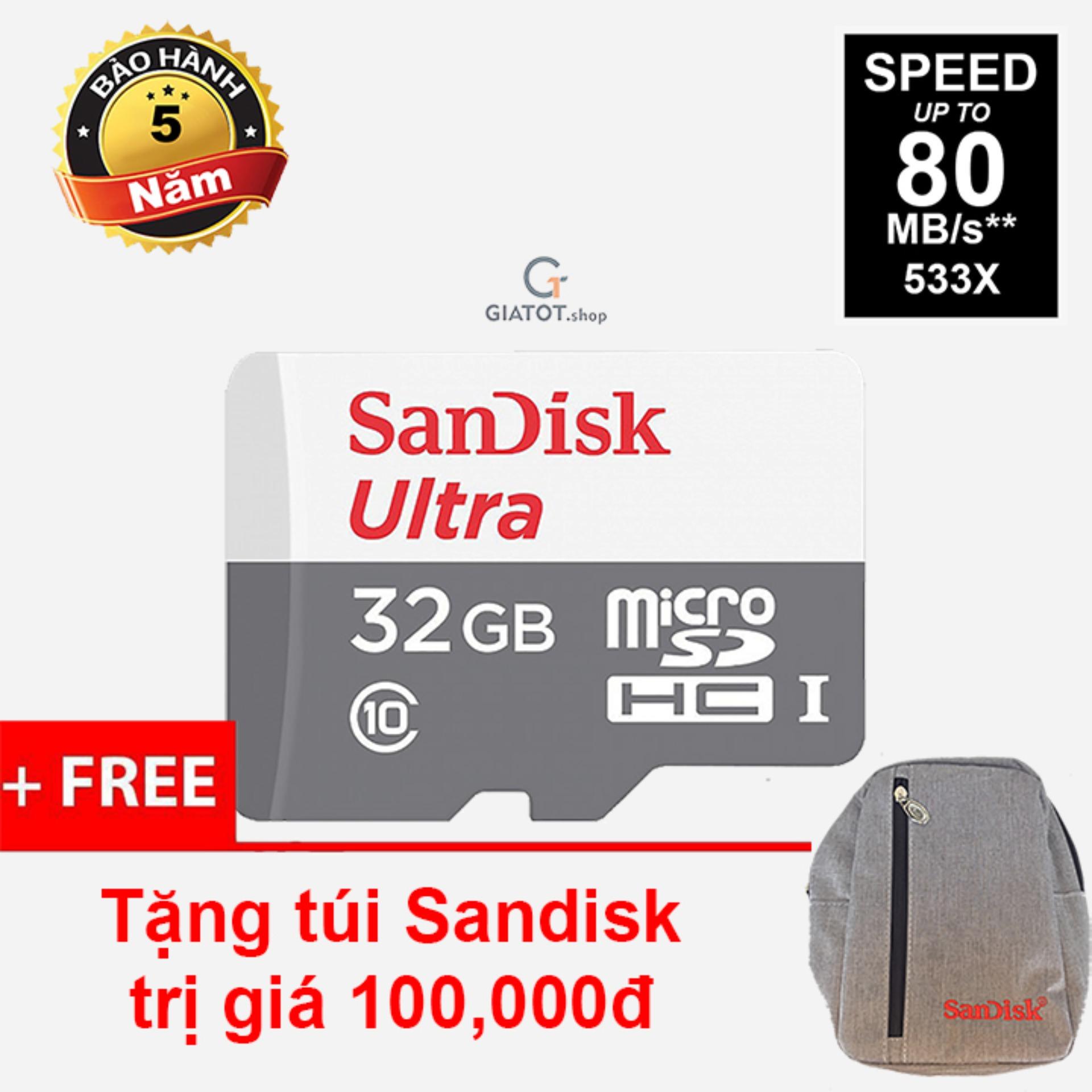 Thẻ nhớ 32g sandisk ultra class 10 80mb/s tặng túi đeo sandisk
