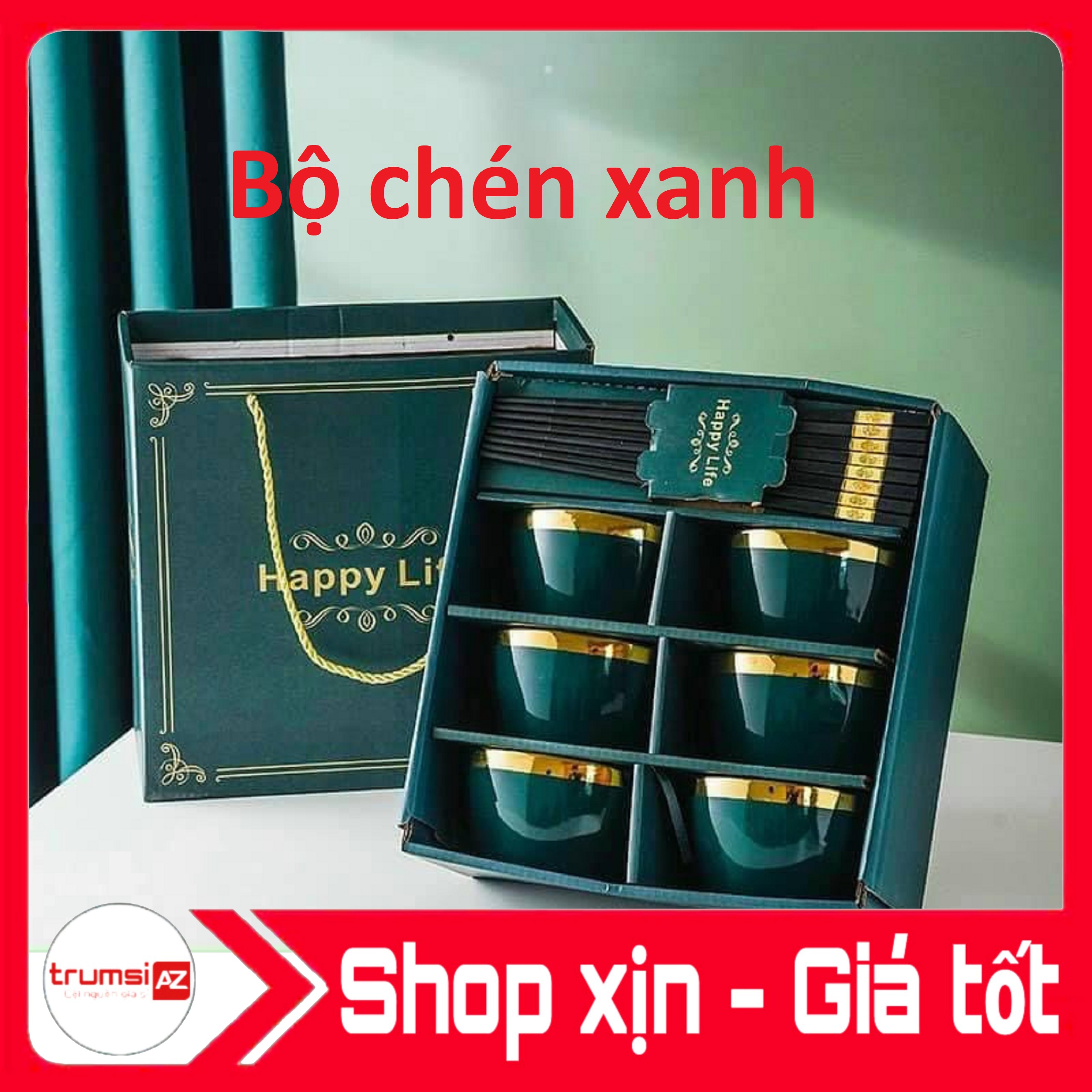Bộ 6 chén bát xanh ngọc/trắng sứ tặng kèm 6 đôi đũa