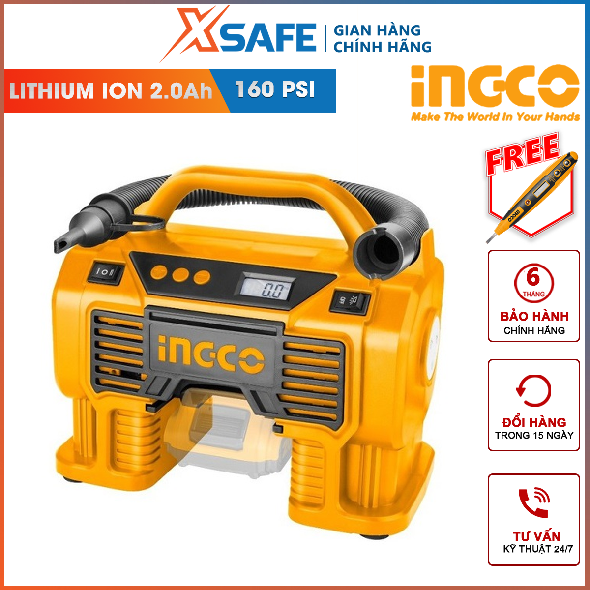 Inflatable machine tire car battery ingco CACLI2002 | air compressor used battery voltage 20V battery 2.0ah attached 1 connector, 1 connector pump wheel and 1 connector slightly