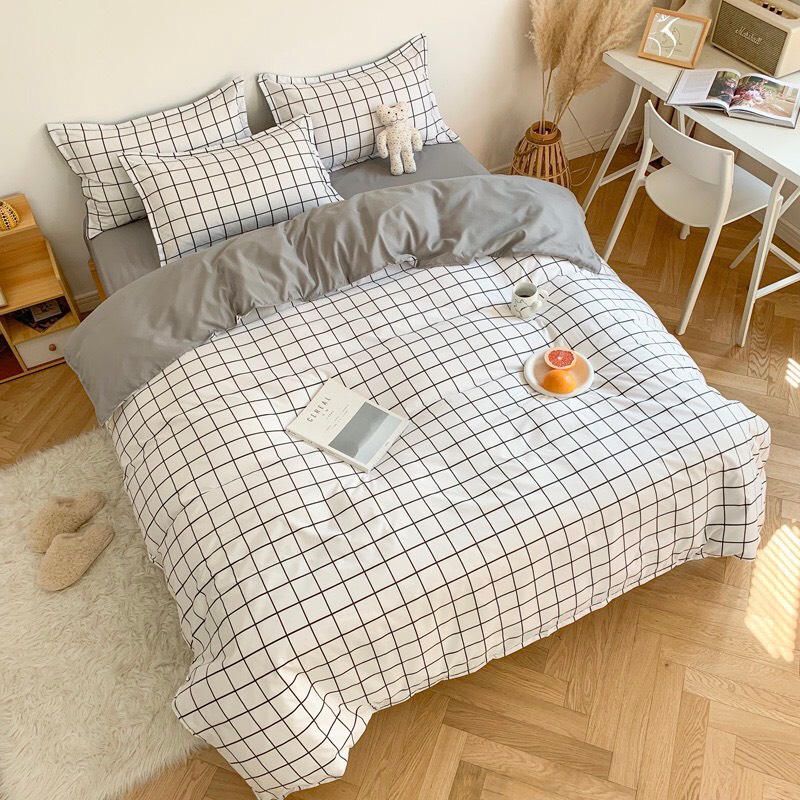 Trọn Bộ 4 Món Cotton Poly Nhập Mẫu CARO TRẮNG XÁM Sang Trọng, Tinh Tế