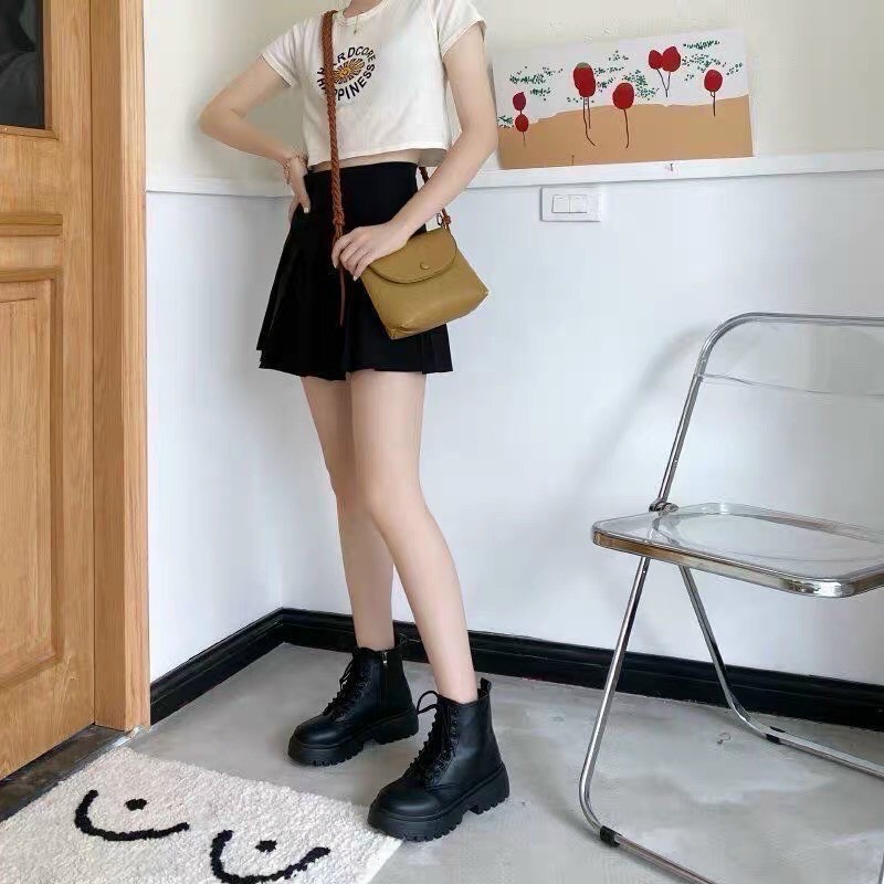 bốt giày nữ da đế đốc dây buộc khóa sườn