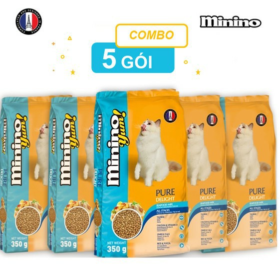 (COMBO 5) thức ăn cho mèo minino yum 350g Thức ăn vị hải sản dành cho mèo mọi lưa tuổi -