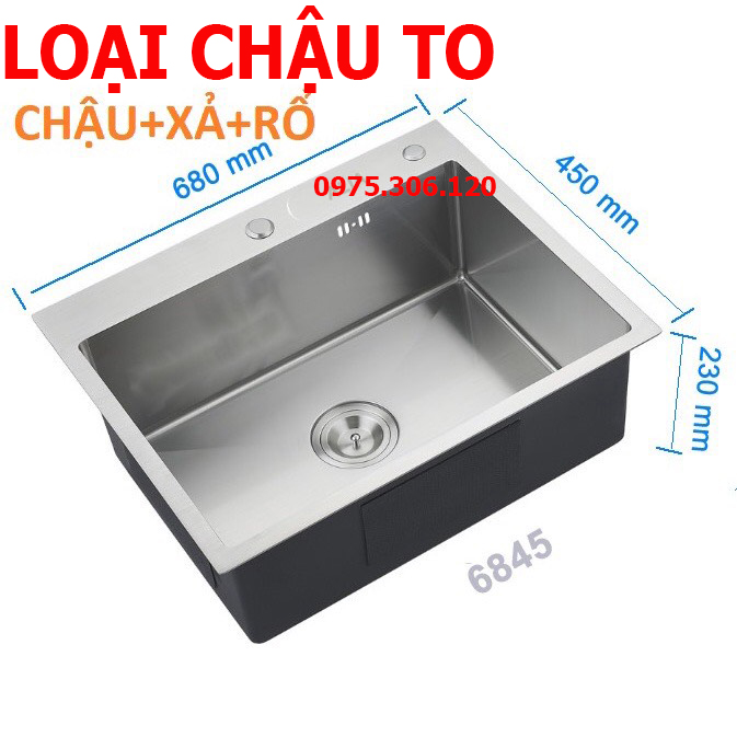 CHẬU ĐÚC TO 68x45cm Chậu Rửa Chén Bát INOX SUS 304 N18 6845 NA.GRAND và Bộ Xả Chậu thoát nước Tặng Rổ đựng trái cây