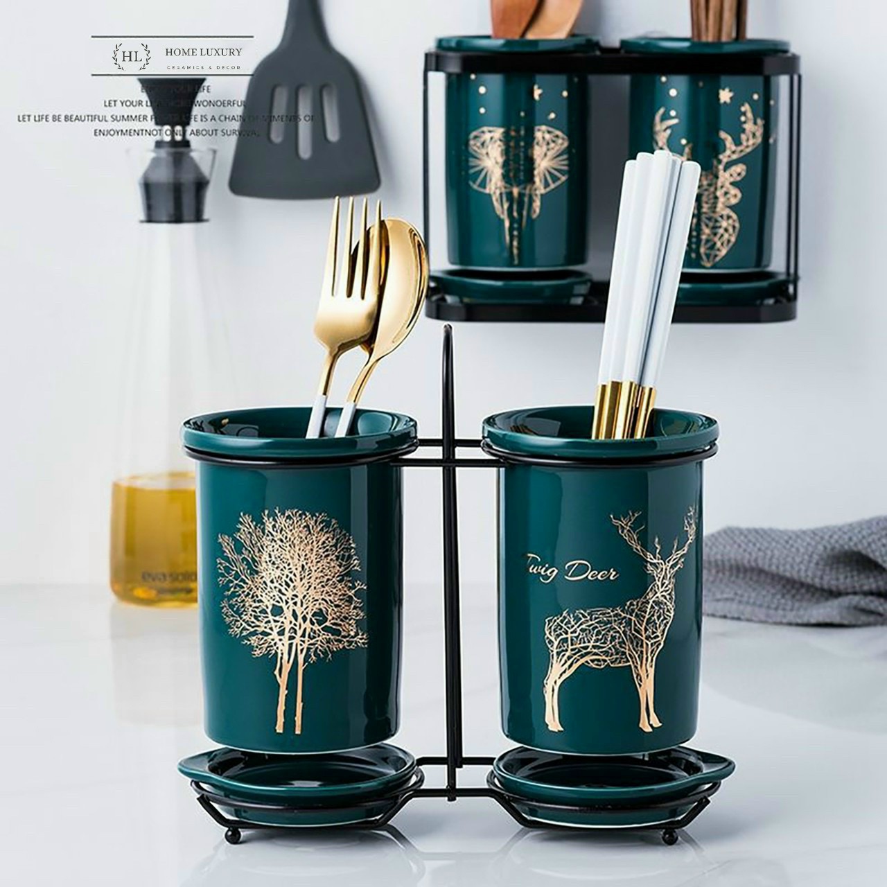 ￼ống cắm đũa sứ xanh cao cấp | ống đũa 2 xanh ngọc bích | 2 ống đựng đũa chất liệu sứ khung kim loại