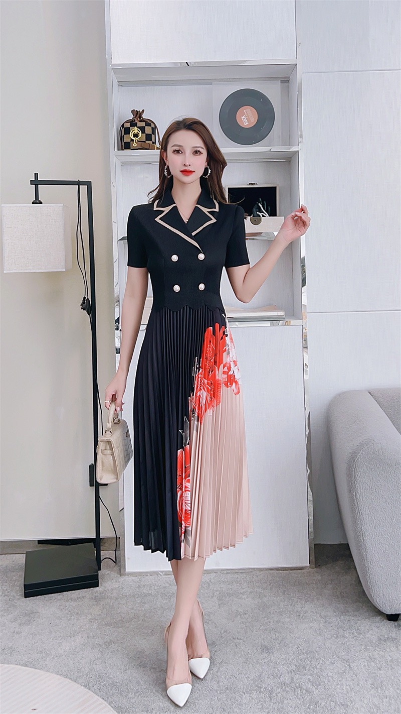 Hàng Nhập Đầm Nữ Phối Màu Dập Ly Cao Cấp