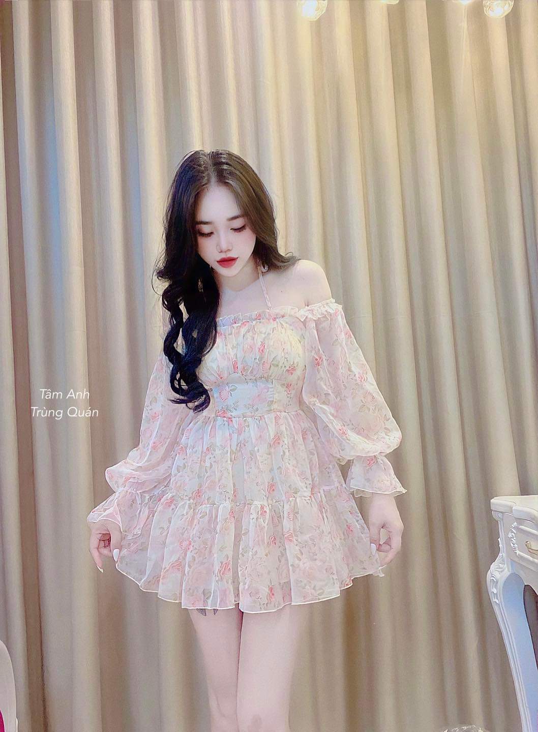 Đầm voan hoa hở vai mẫu mới xinh đủ màu ldt922