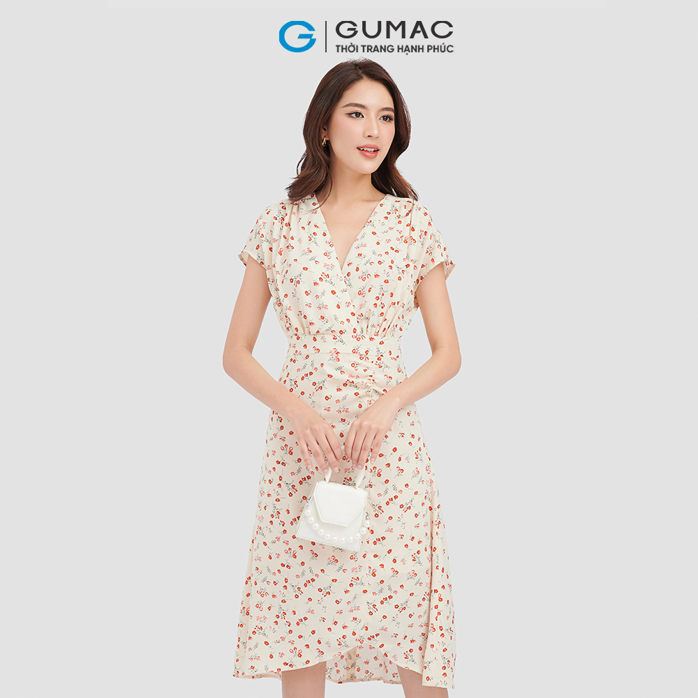 Đầm lụa GUMAC, đầm hoa tay liền thân đắp chéo DC09091