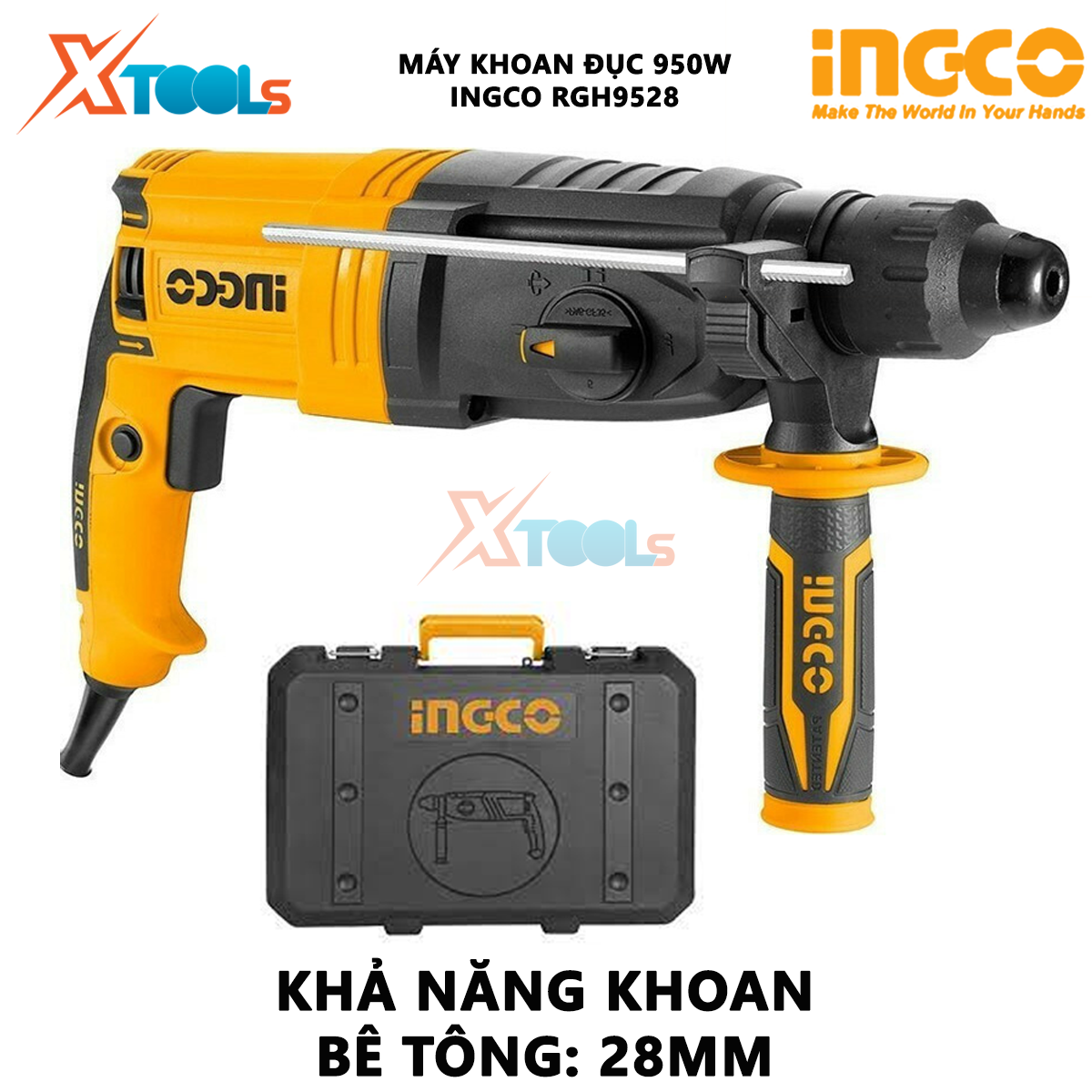 Máy khoan búa 3 chức năng 950w Ingco RGH9528 đầu gài sds plus lực búa 2,5j, kèm 3 mũi khoan và 2 mũi đục Máy khoan đục bê tông XTOOLs