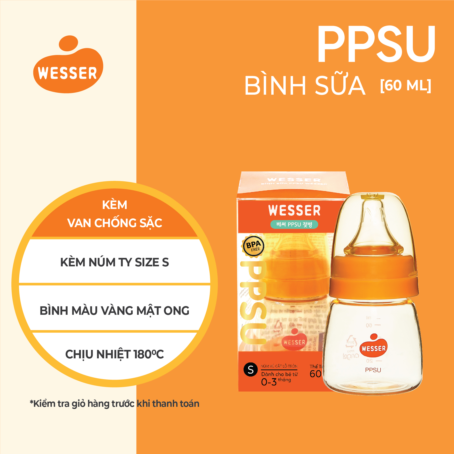 Bình sữa cổ hẹp PPSU Wesser 60ml/140ml/250ml ( BAO BÌ MỚI )