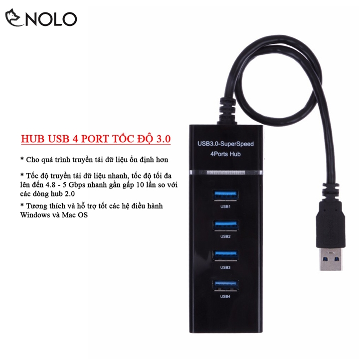 Bộ hub chia cổng usb chuẩn tốc độ 3.0 model hb03 có 4 port dây cáp dài 30cm hỗ trợ win 10