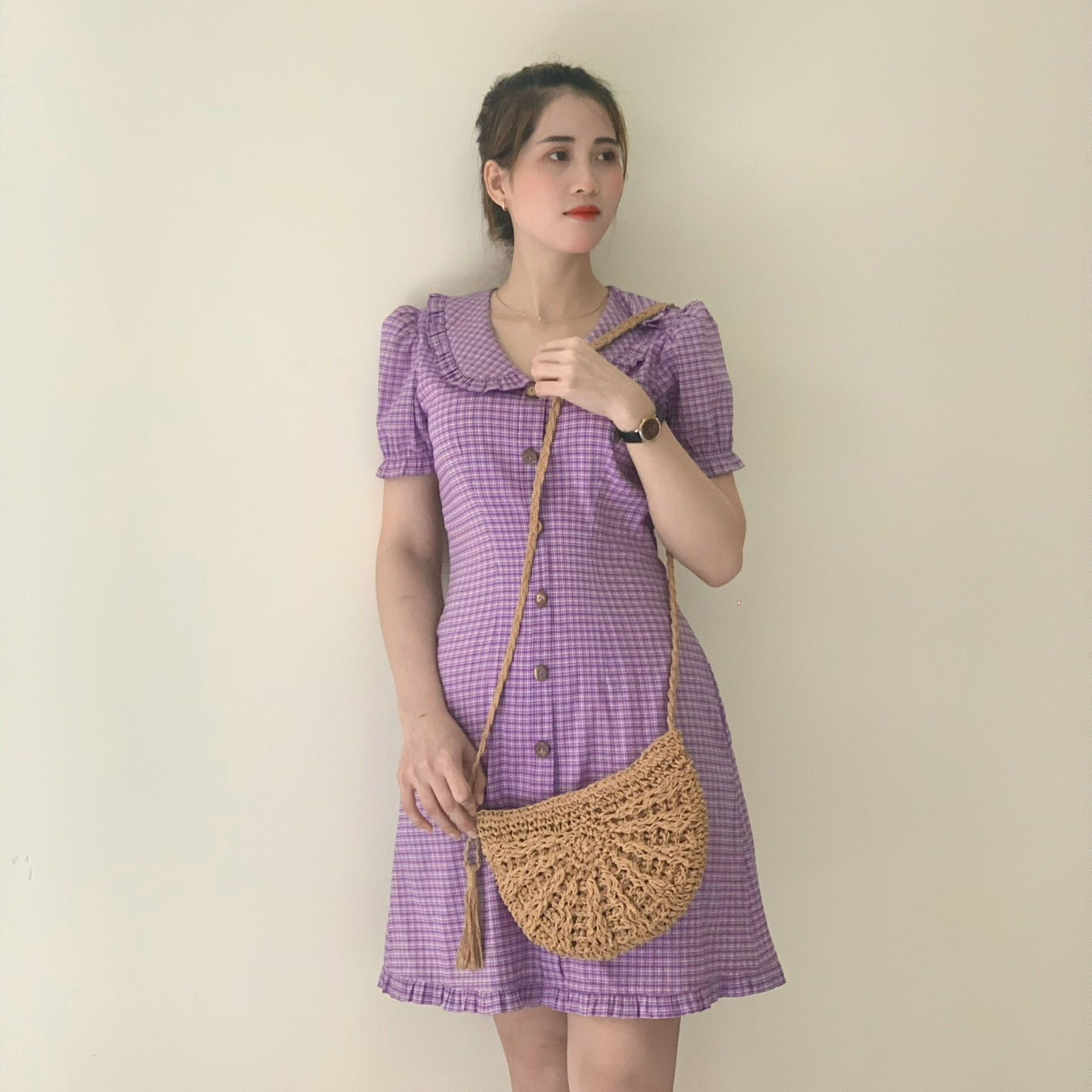 🔥HÌNH THẬT🔥 Đầm caro cổ bèo 2 lớp
