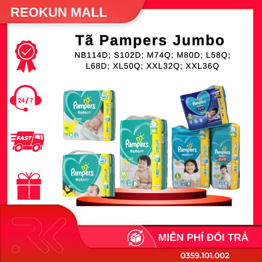 Bỉm/tã pamper jumbo nội địa nhật full size nb114, s102, m80, l68, xl50,...