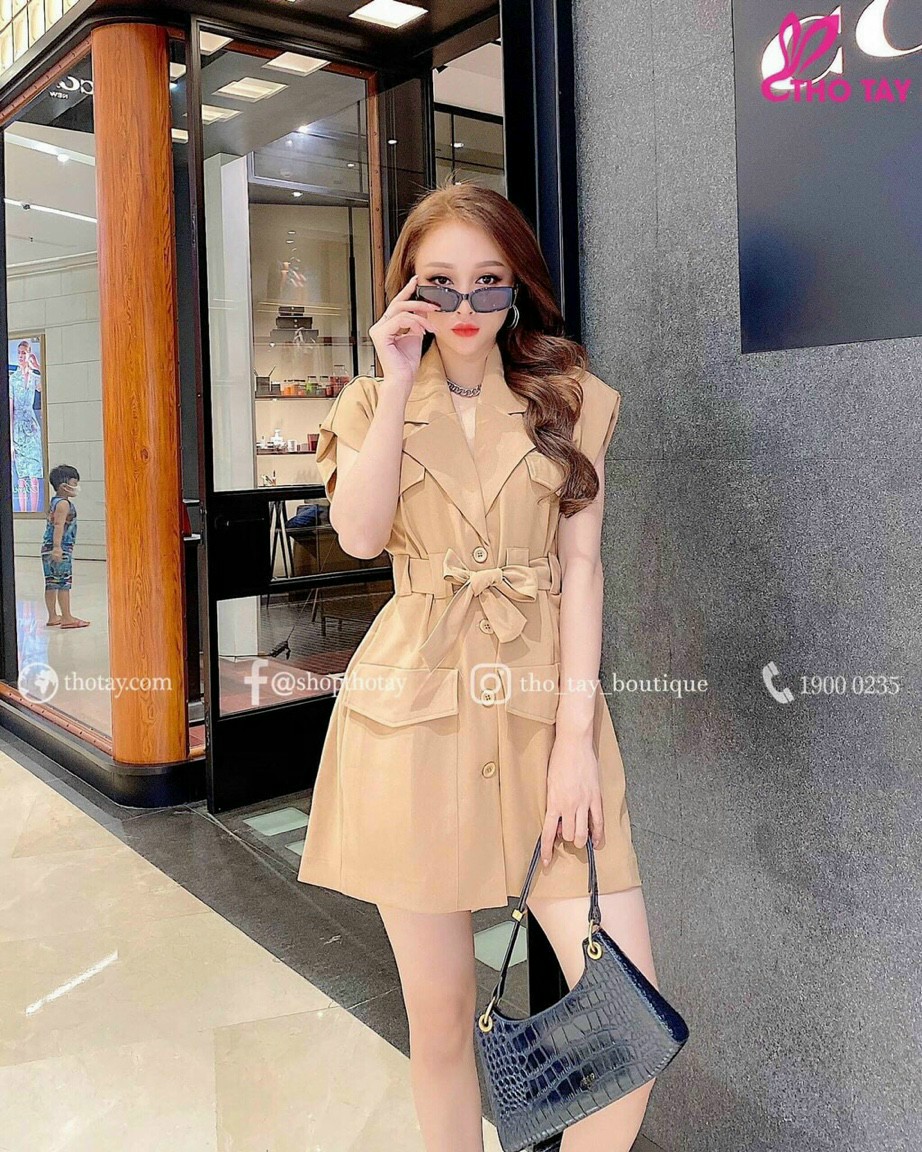[HCM]Đầm cổ vest tay con đắp túi cột nơ eo #damcovest