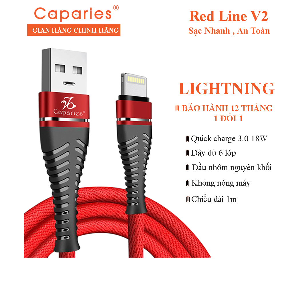[HCM]Cáp Sạc CAPARIES RED Line V2 Chuẩn LIGHTNING - Dài 1M - CPRREDV2