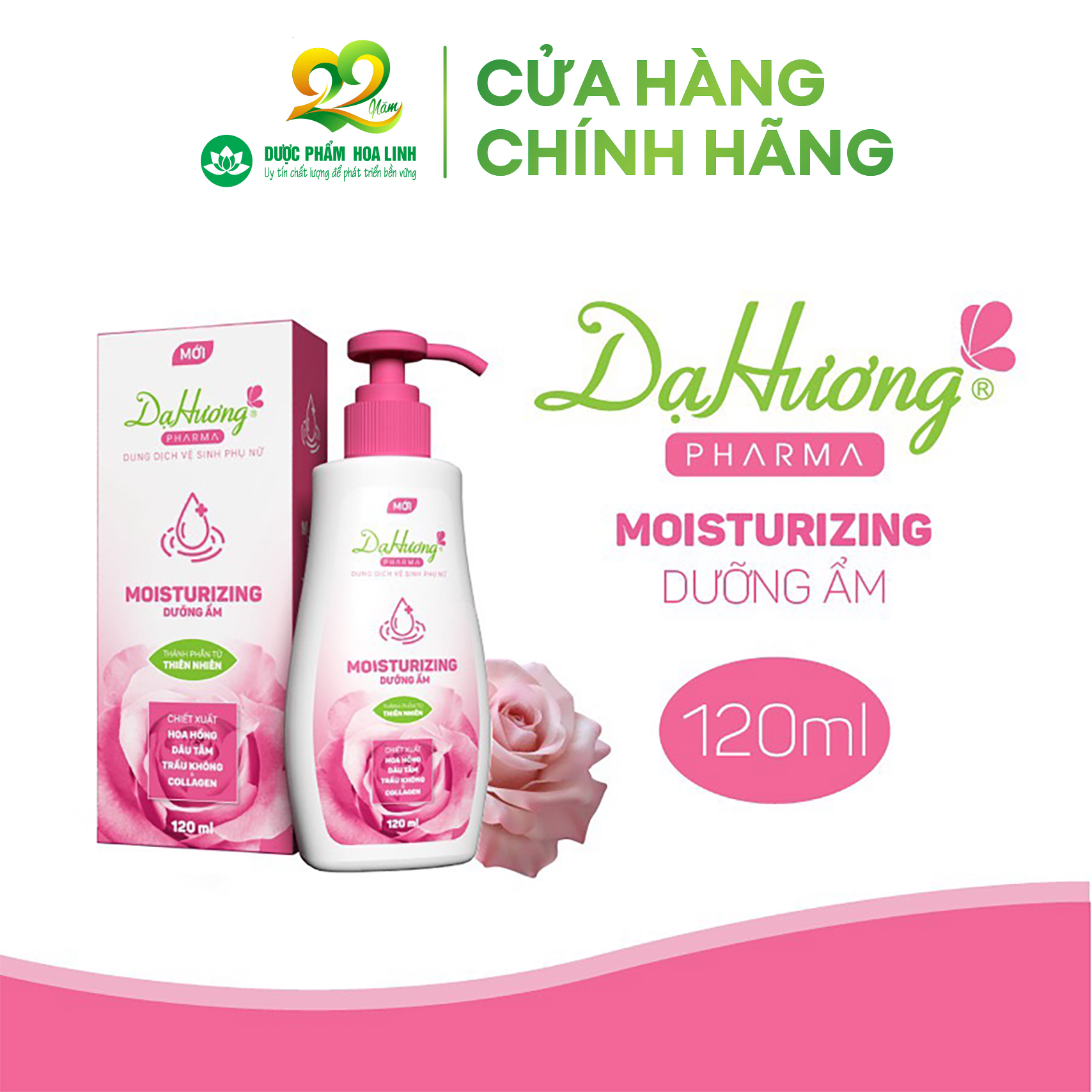 Dung dịch vệ sinh phụ nữ Dạ Hương Pharma Moisturizing (Dưỡng ẩm, làm mềm mịn & sáng hồng) 120ml