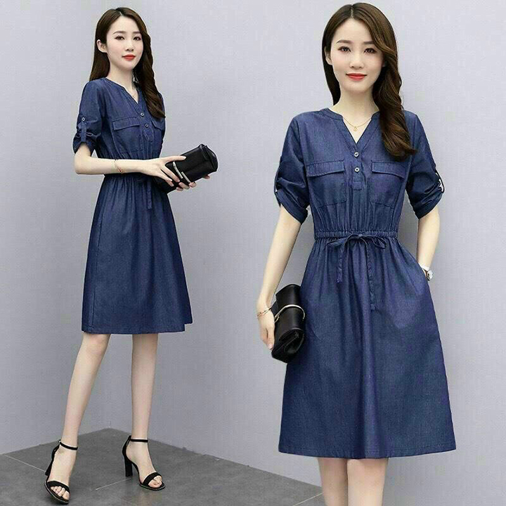 [HCM]Đầm Jean Nữ Thắt Dây Eo Thời Trang