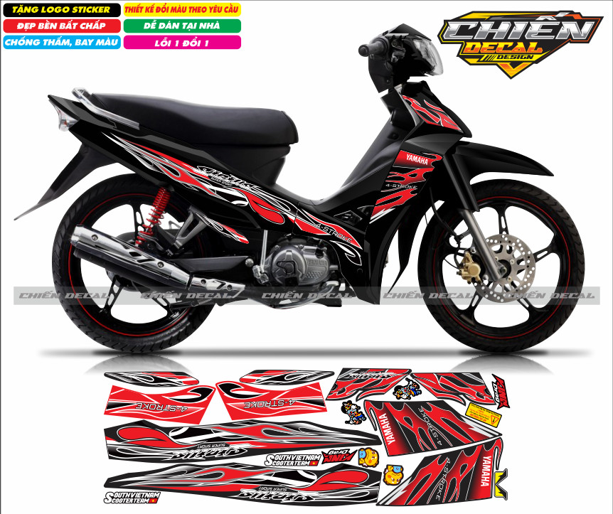 Tem rời xe sirius RC 100cc - 50cc mẫu tem lửa màu đen nhiều kiểu lụa chọn - tem lửa chế sirius (tem 3 lớp)
