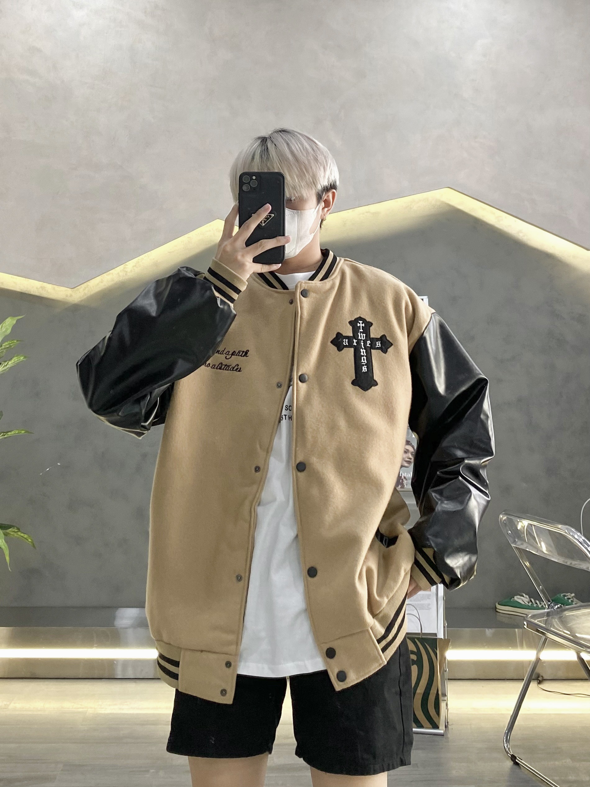 Áo Khoác Bomber Varsity Nỉ Dạ Form Crop Ngắn Phối Tay Da Thêu Hình Full Nam Nữ Unisex