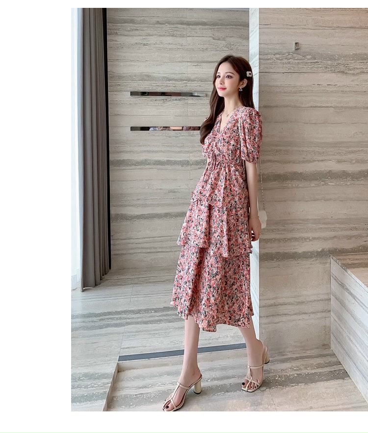 Đầm voan hoa qua gối phối tầng bèo kèm rút giữa siêu xinh TTSA0845