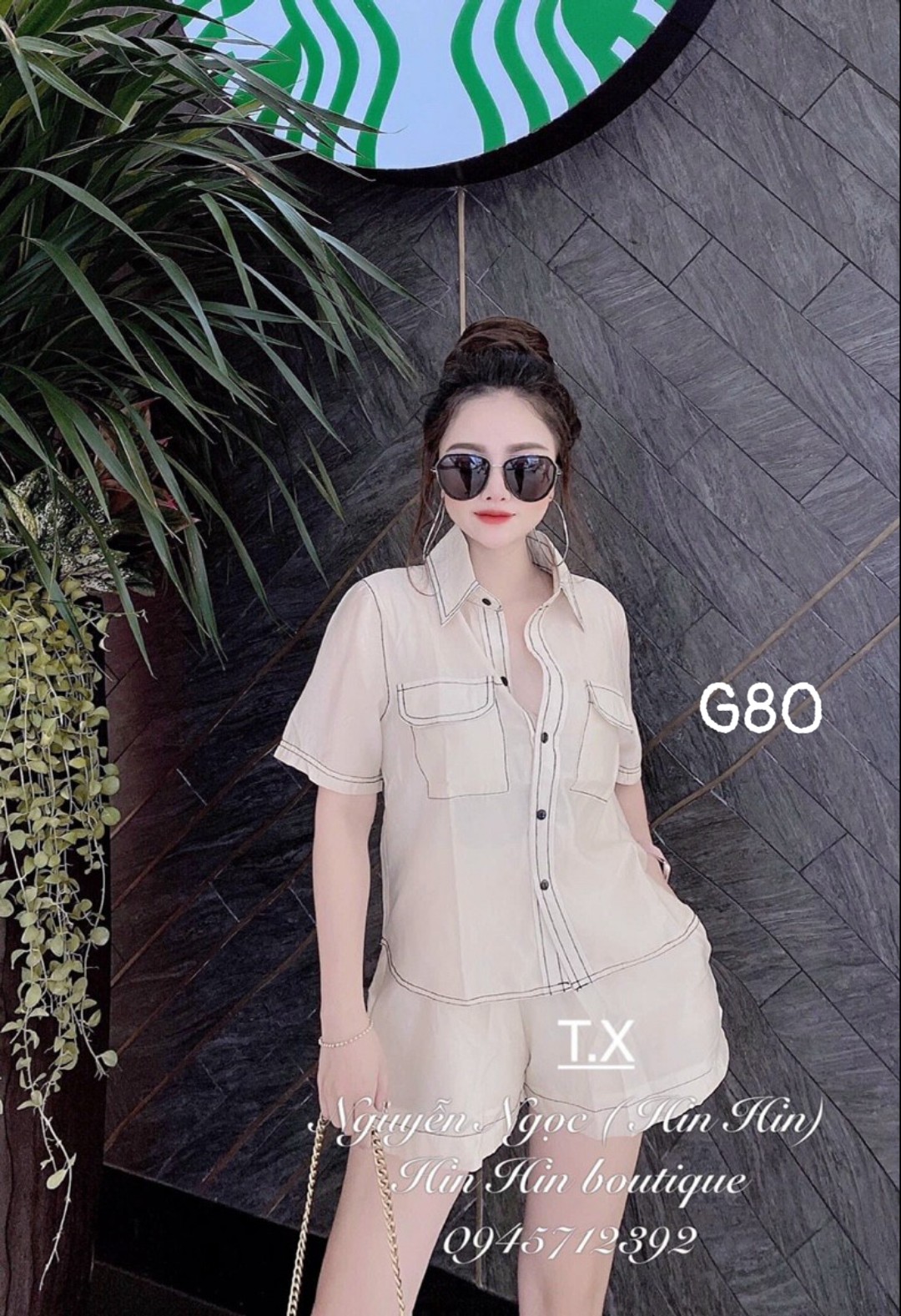 Set áo cổ bẻ cổ sơmi tay ngắn có túi gài nút quần ngắn