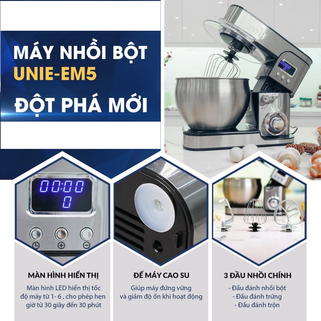 [HÀNG CHÍNH HÃNG] MÁY ĐÁNH TRỨNG TRỘN BỘT ĐA NĂNG 8L UNIE EM5