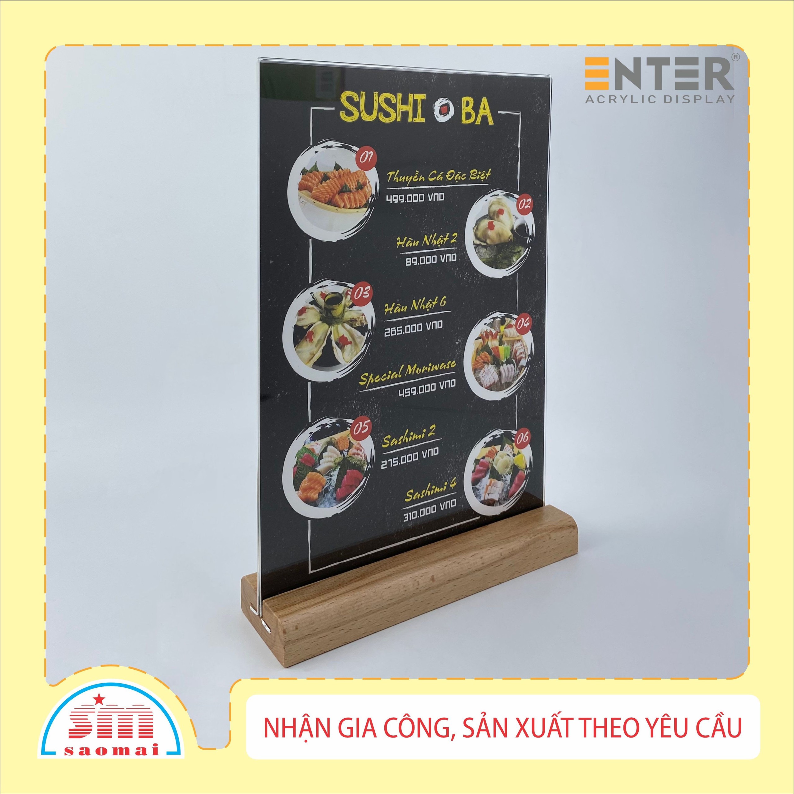 Kệ mica 2 mặt Enter E42 150x210mm đế gỗ A5 đứng, Kệ menu nhà hàng, Standee mica để bàn, Bảng quét mã QR Code