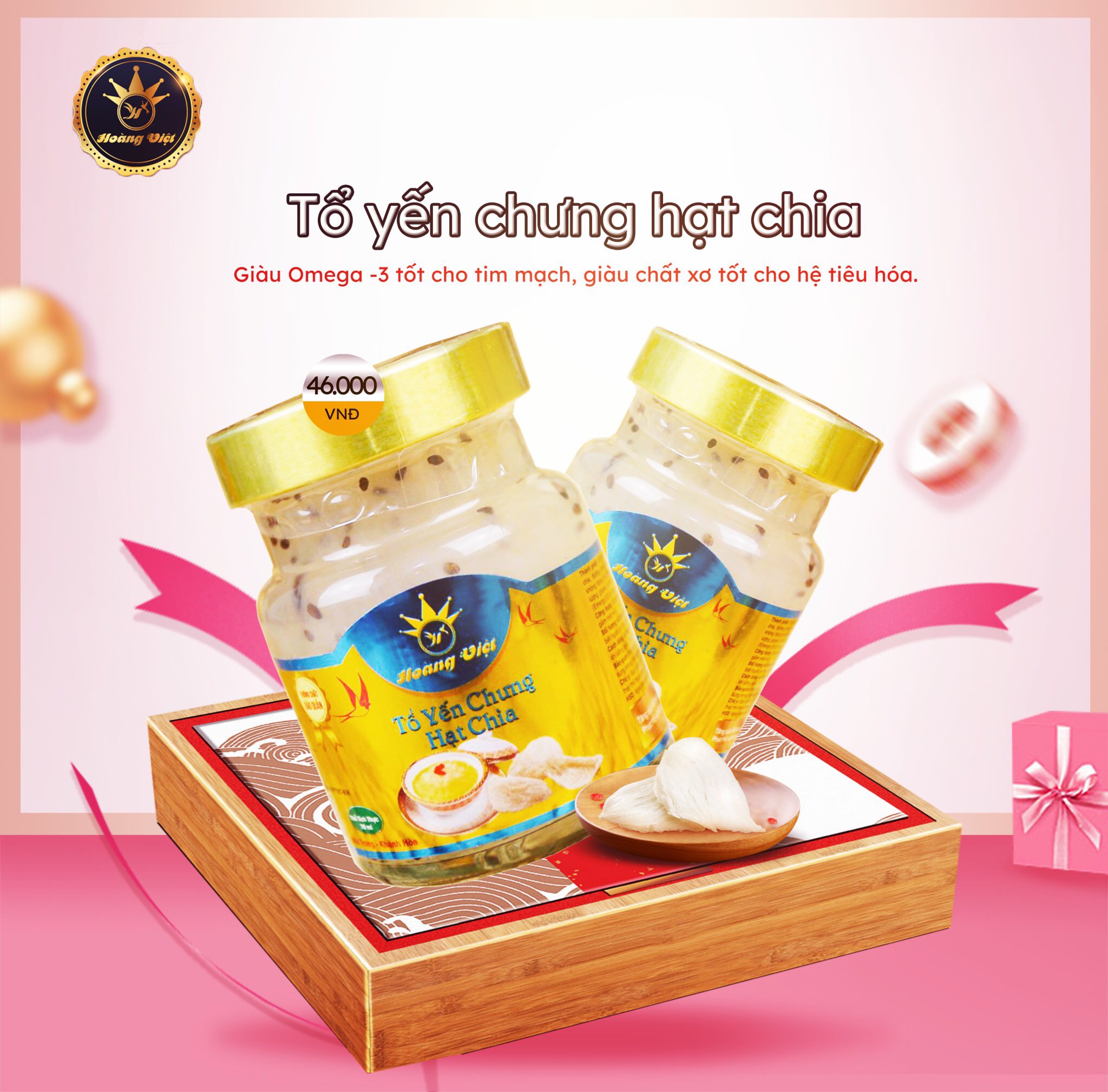 Yến chưng hạt chia Nha Trang, Khánh Hòa - Hoàng Việt, giàu Omega 3-6-9, chất xơ cực kì cao, đạm chất lượng cao, chất chống oxy hóa, giàu khoáng chất. tăng sức đề kháng, giảm táo bón cho bé hũ 70ml