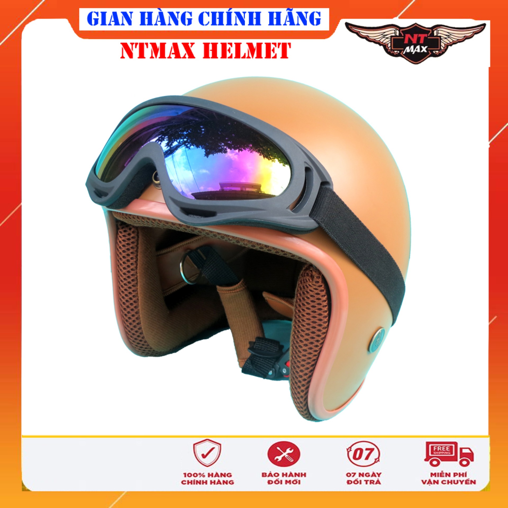 Mũ bảo hiểm ntmax 3/4 nâu nhám kính uv400